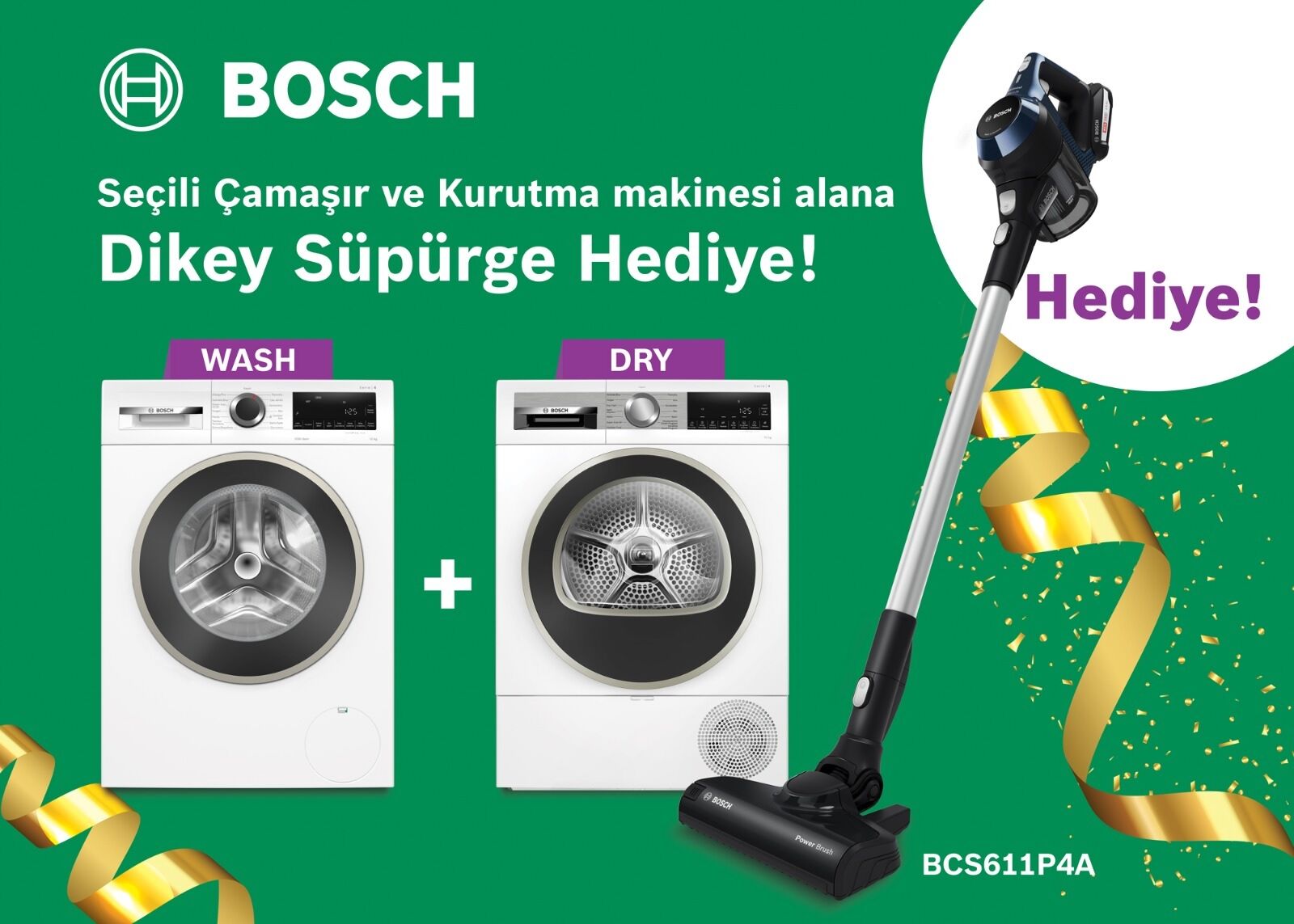Hijyen kampanyası ( WGA25202TR(10 kg çamaşır) + WQG25201TR( 10 kg kurutma) alana hediye BCS611P4A(kablosuz süpürge)